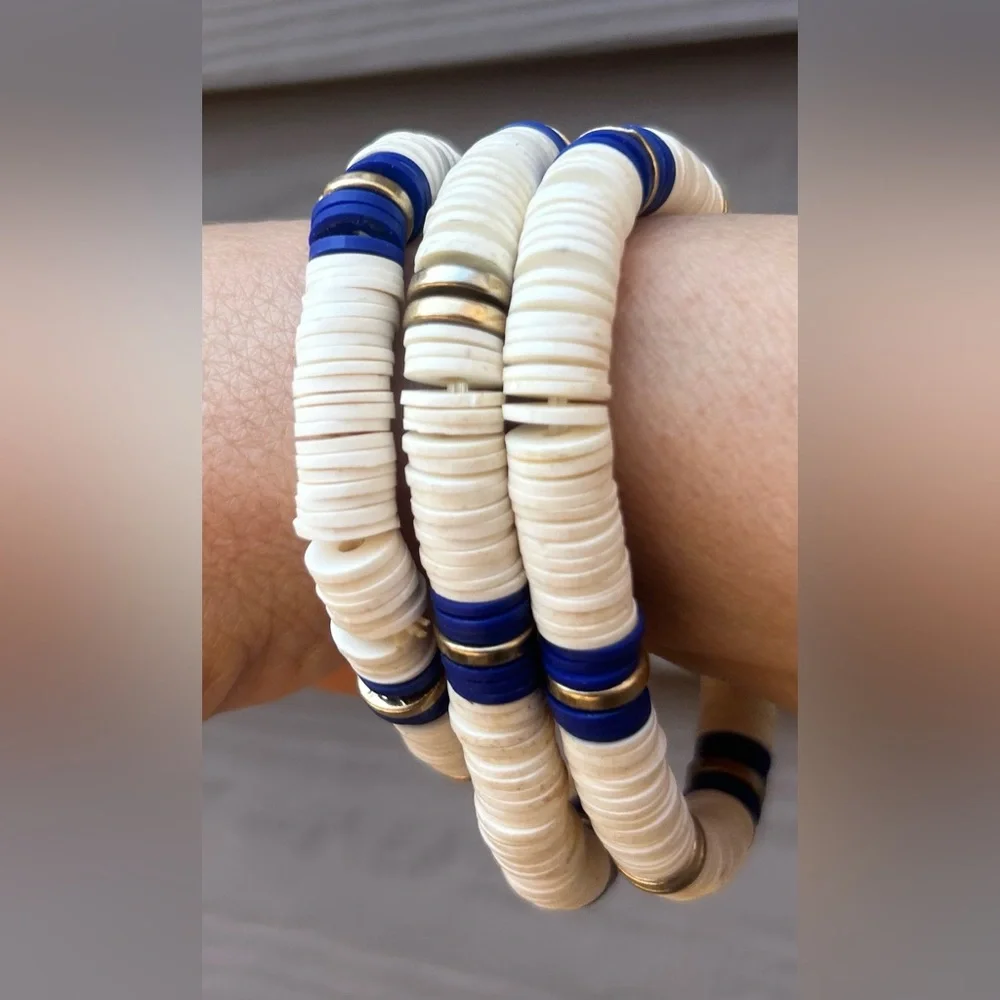 NWOT Set of 3 Canvas White and Blue Stackable Beaded Bracelets with Gold Accents